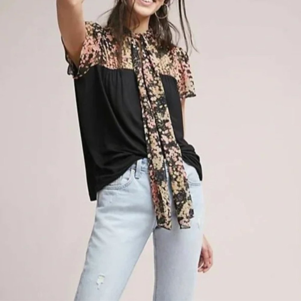 Anthropologie TINY Brand Tie Front Semi-Sheer Detail Floral Blouse (Med)